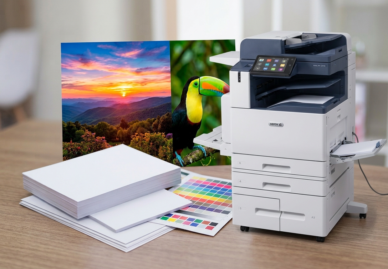 Impressões coloridas em formatos A4 e A3